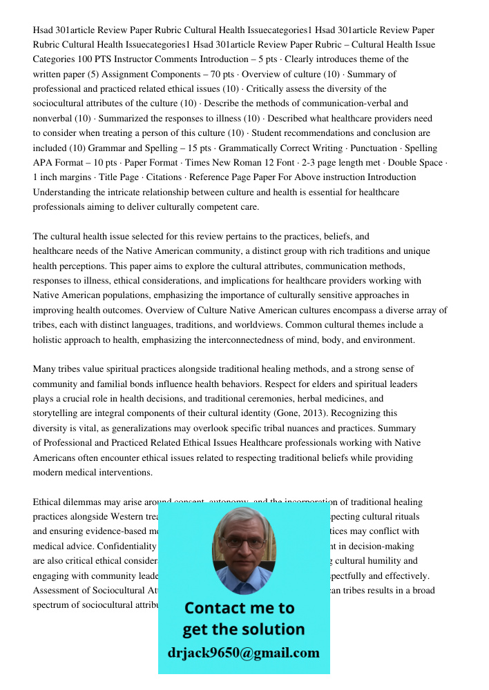 Hsad 301article Review Paper Rubric – Cultural Health Issue Categories 100 PTS Instructor Comments Introduction – 5 pts · Clearly introduces theme of the writte