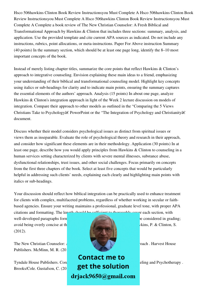 Hsco 506hawkins Clinton Book Review Instructionsyou Must Complete A Complete a book review of The New Christian Counselor: A Fresh Biblical and Transformational