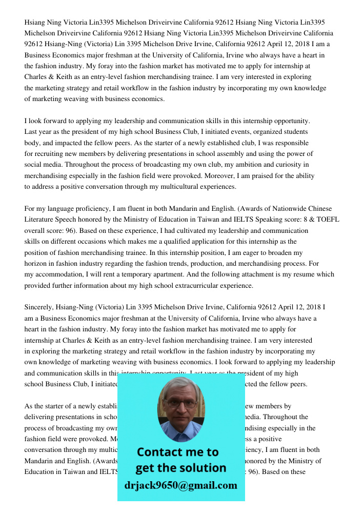 Hsiang Ning Victoria Lin3395 Michelson Driveirvine California 92612 Hsiang-Ning (Victoria) Lin 3395 Michelson Drive Irvine, California 92612 April 12, 2018 I am