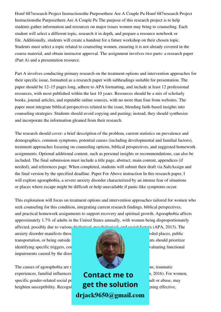 The purpose of this research project is to help students gather information and resources on major issues women may bring to counseling. Each student will selec