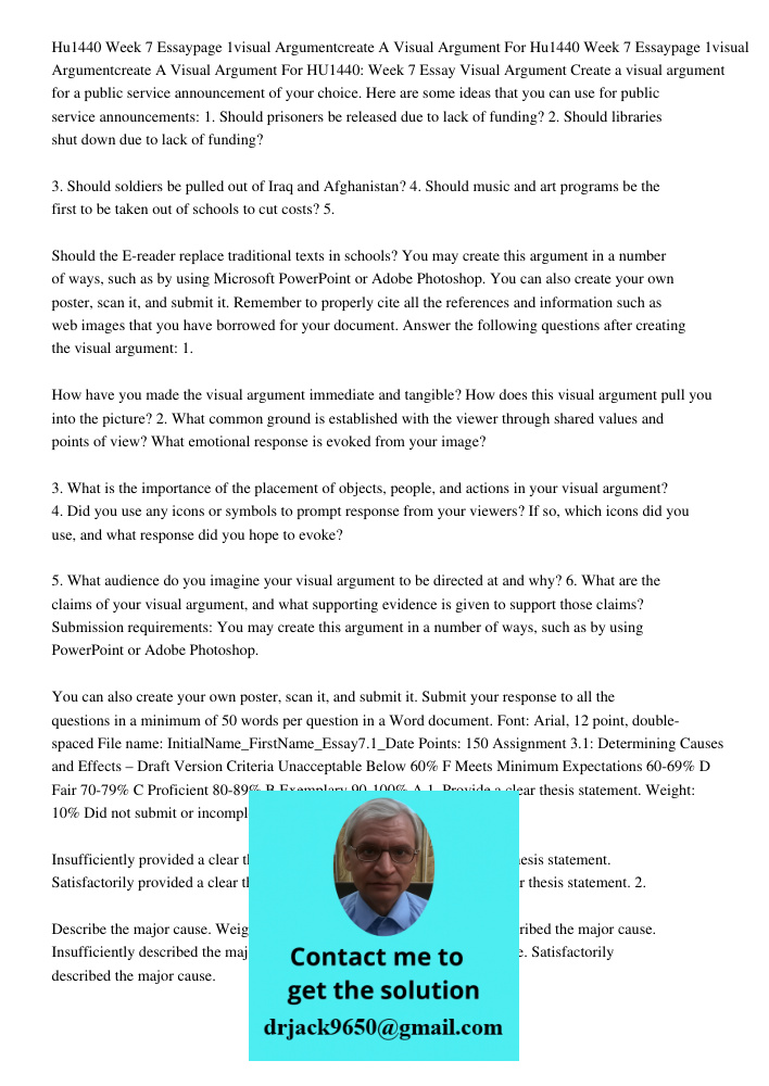 HU1440: Week 7 Essay Visual Argument Create a visual argument for a public service announcement of your choice. Here are some ideas that you can use for public 