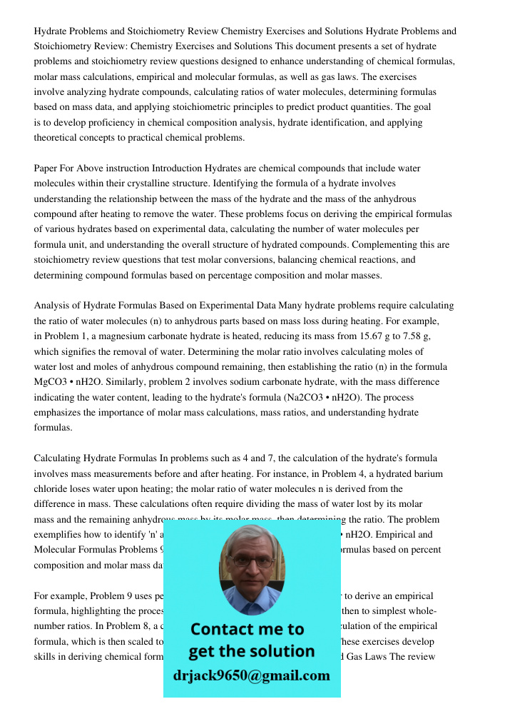 This document presents a set of hydrate problems and stoichiometry review questions designed to enhance understanding of chemical formulas, molar mass calculati