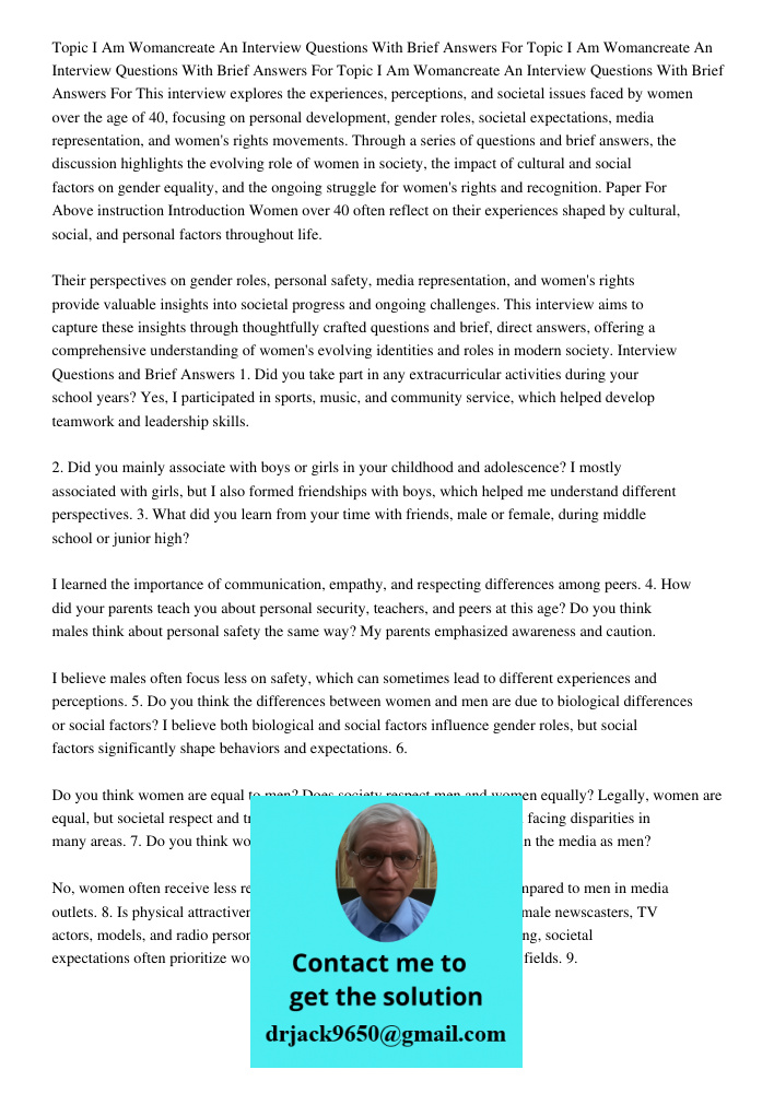 Topic I Am Womancreate An Interview Questions With Brief Answers For This interview explores the experiences, perceptions, and societal issues faced by women ov