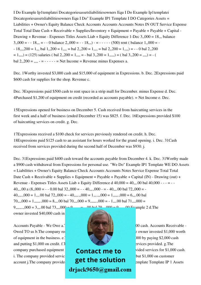 I Do" Example IP1 Template I DO Categories Assets = Liabilities + Owner's Equity Balance Check Accounts Accounts Accounts Notes IN OUT Service Expense Total Tot