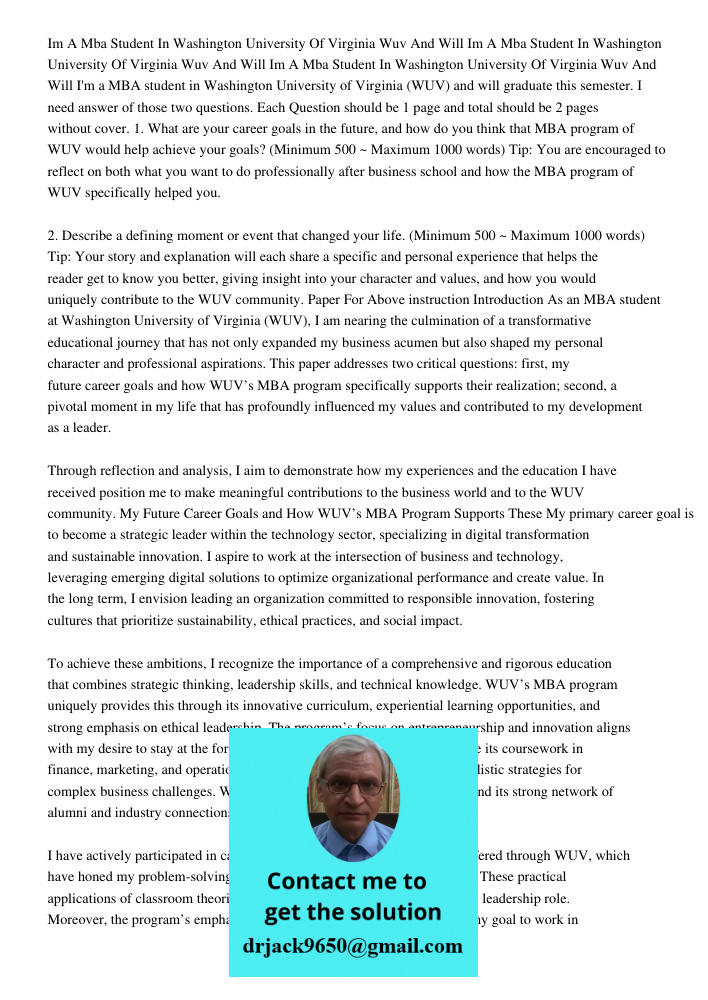 Im A Mba Student In Washington University Of Virginia Wuv And Will I'm a MBA student in Washington University of Virginia (WUV) and will graduate this semester.