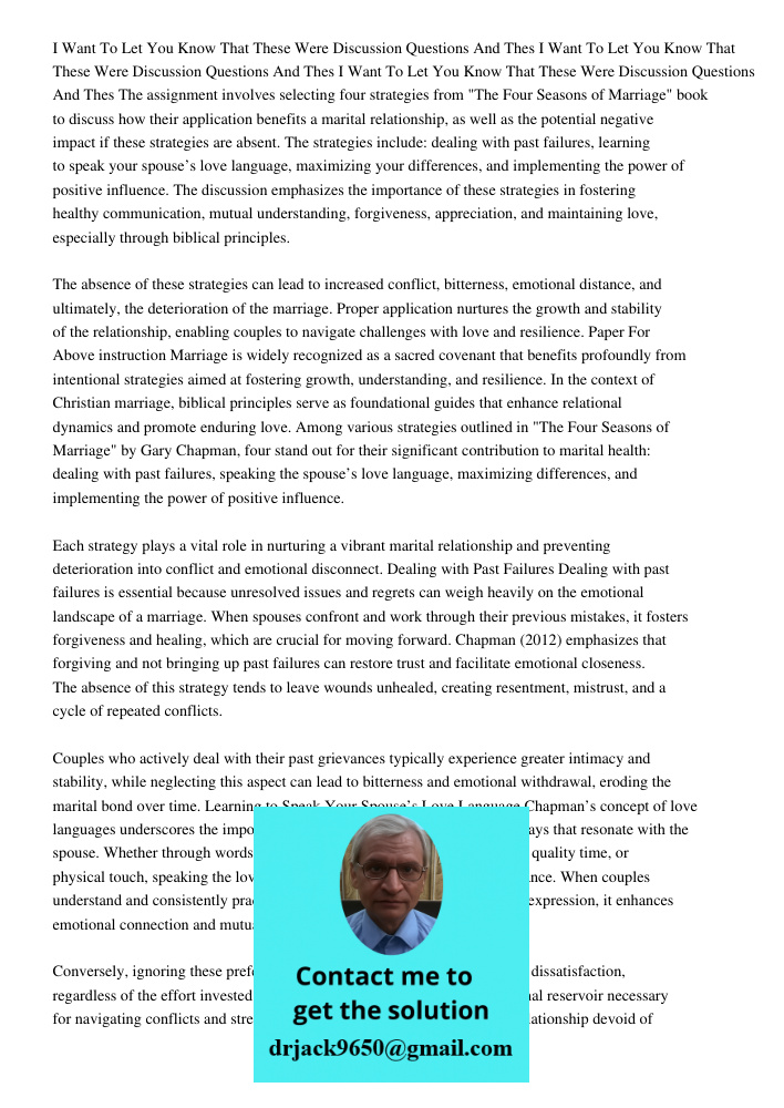 I Want To Let You Know That These Were Discussion Questions And Thes The assignment involves selecting four strategies from "The Four Seasons of Marriage" book 