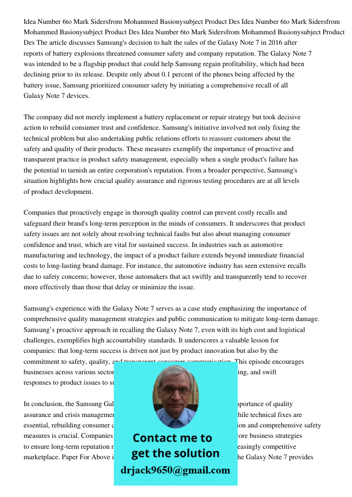 Idea Number 6to Mark Sidersfrom Mohammed Basionysubject Product Des The article discusses Samsung's decision to halt the sales of the Galaxy Note 7 in 2016 afte