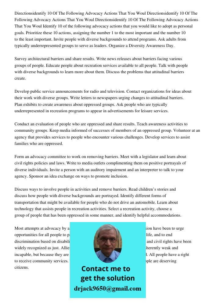 Directionsidentify 10 Of The Following Advocacy Actions That You Woul Identify 10 of the following advocacy actions that you would like to adopt as personal goa