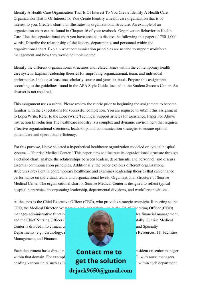 Identify a health care organization that is of interest to you. Create a chart that illustrates its organizational structure. An example of an organization char