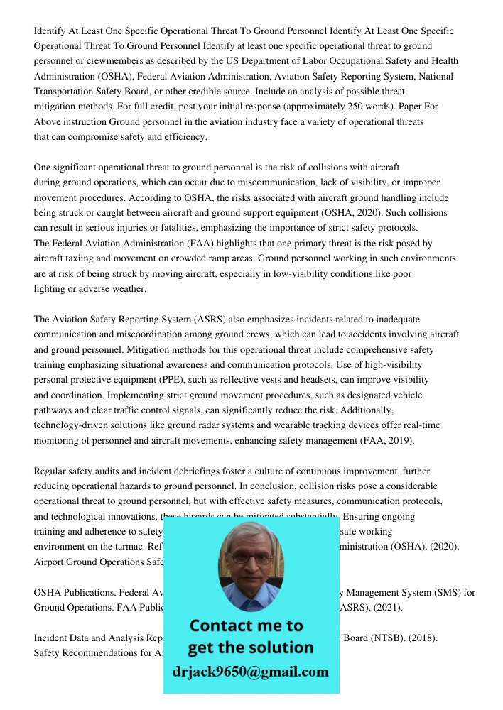 Identify at least one specific operational threat to ground personnel or crewmembers as described by the US Department of Labor Occupational Safety and Health A