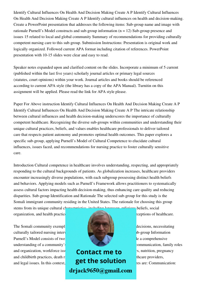 Identify cultural influences on health and decision-making. Create a PowerPoint presentation that addresses the following items: Sub-group name and image with r