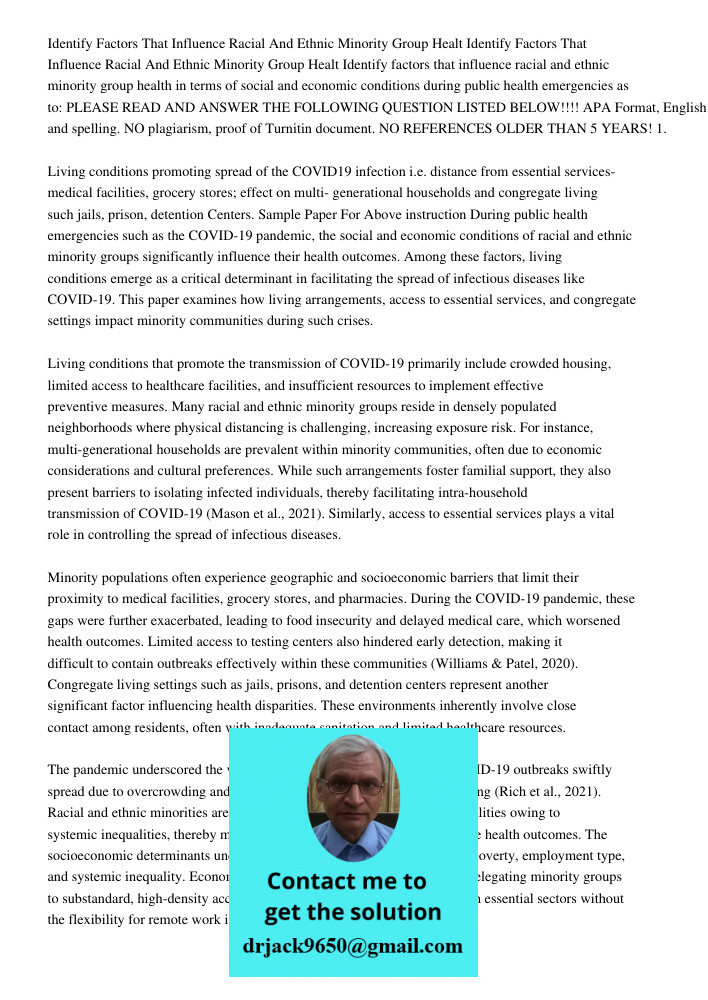 Identify factors that influence racial and ethnic minority group health in terms of social and economic conditions during public health emergencies as to: PLEAS