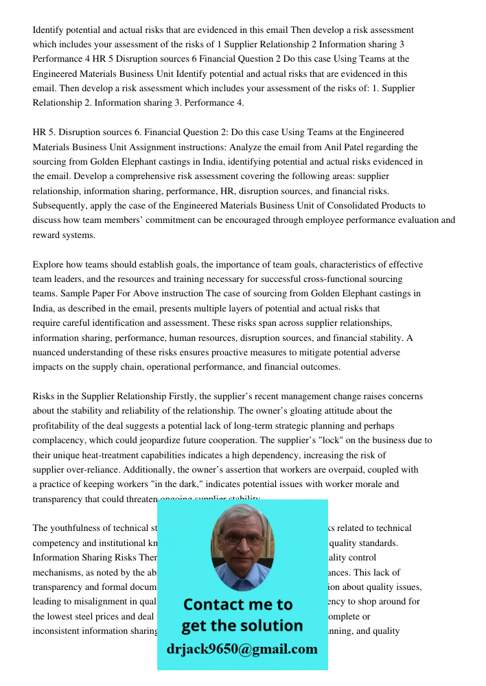 Assignment instructions: Analyze the email from Anil Patel regarding the sourcing from Golden Elephant castings in India, identifying potential and actual risks