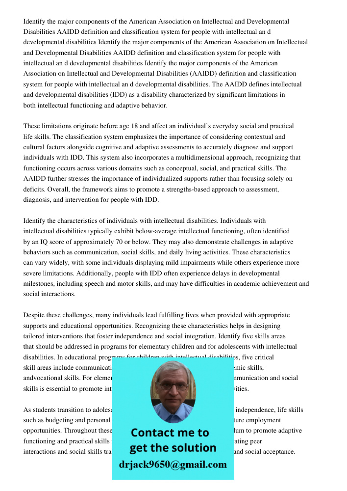 Identify the major components of the American Association on Intellectual and Developmental Disabilities AAIDD definition and classification system for people w