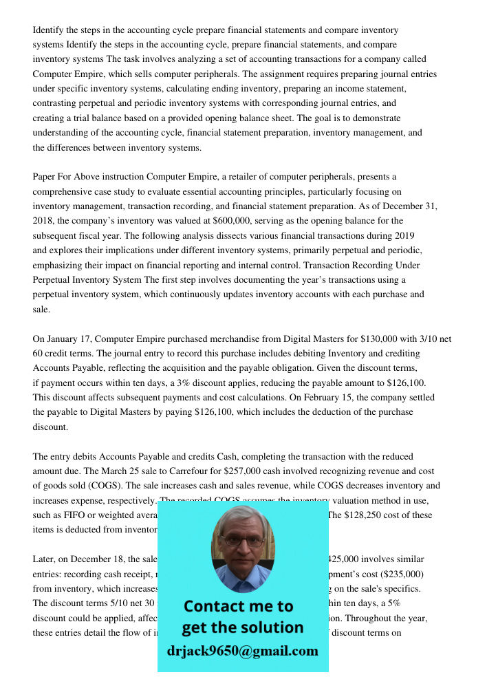 The task involves analyzing a set of accounting transactions for a company called Computer Empire, which sells computer peripherals. The assignment requires pre