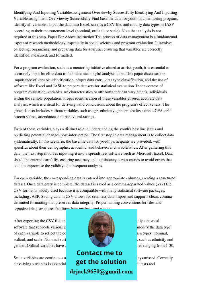 Find baseline data for youth in a mentoring program, identify all variables, input the data into Excel, save as a CSV file, and modify data types in JASP accord