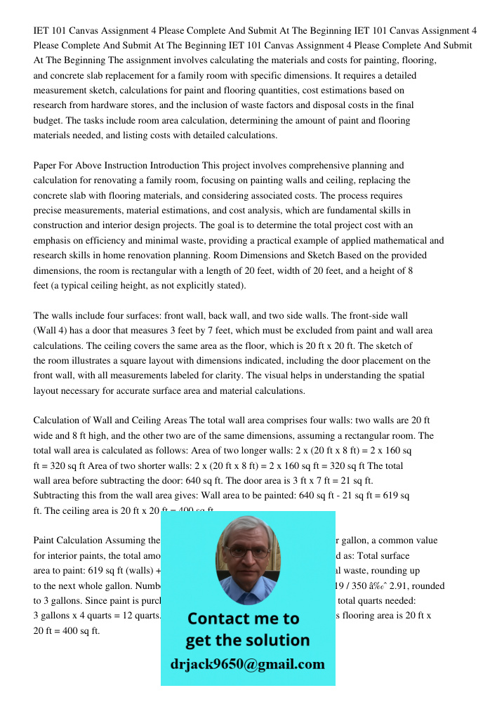 IET 101 Canvas Assignment 4 Please Complete And Submit At The Beginning The assignment involves calculating the materials and costs for painting, flooring, and 