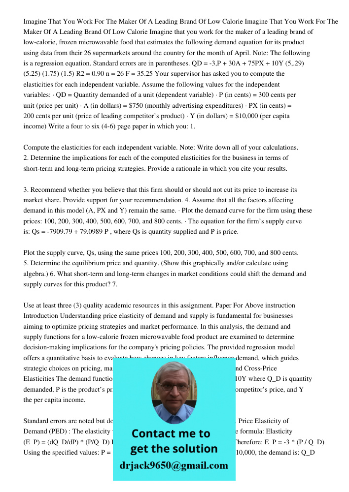 Imagine that you work for the maker of a leading brand of low-calorie, frozen microwavable food that estimates the following demand equation for its product usi