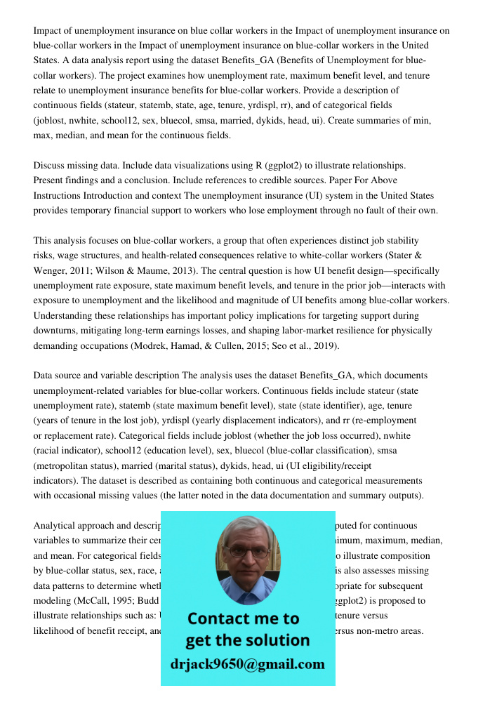 Impact of unemployment insurance on blue-collar workers in the United States. A data analysis report using the dataset Benefits_GA (Benefits of Unemployment for