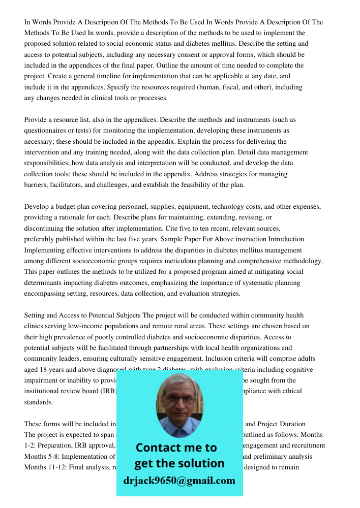 In 1000-1500 words, provide a description of the methods to be used to implement the proposed solution related to social economic status and diabetes mellitus. 