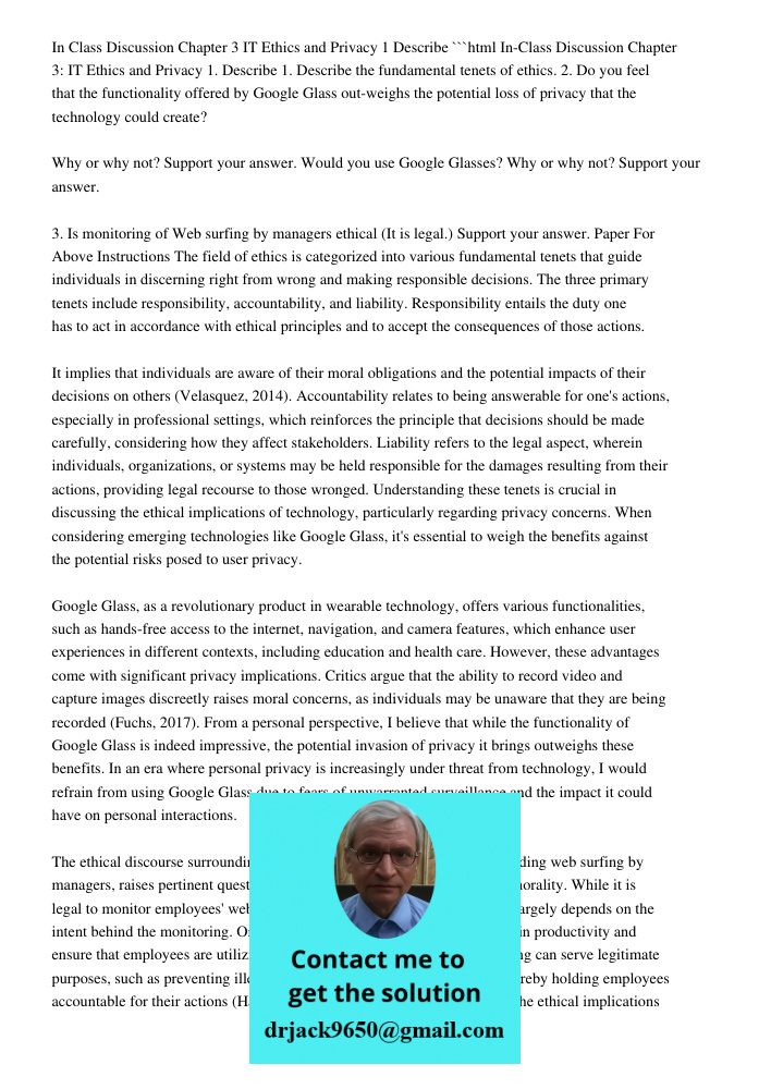 In-Class Discussion Chapter 3: IT Ethics And Privacy 1