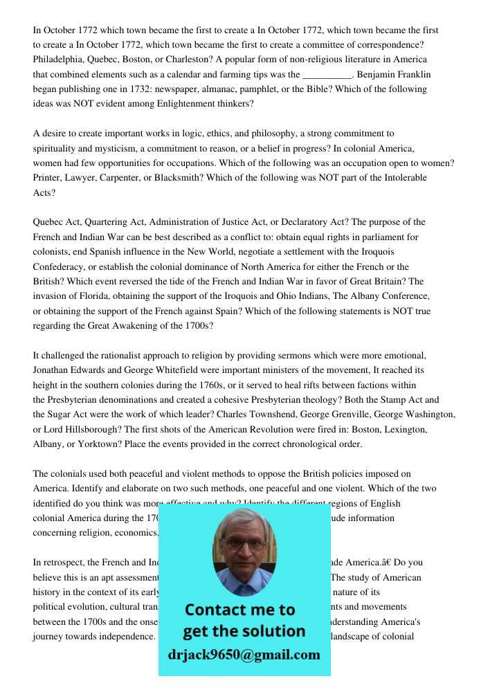 In October 1772, which town became the first to create a committee of correspondence? Philadelphia, Quebec, Boston, or Charleston? A popular form of non-religio