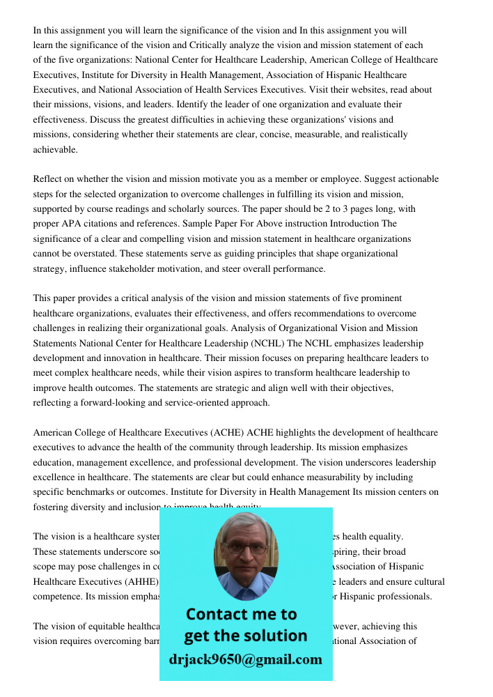 Critically analyze the vision and mission statement of each of the five organizations: National Center for Healthcare Leadership, American College of Healthcare