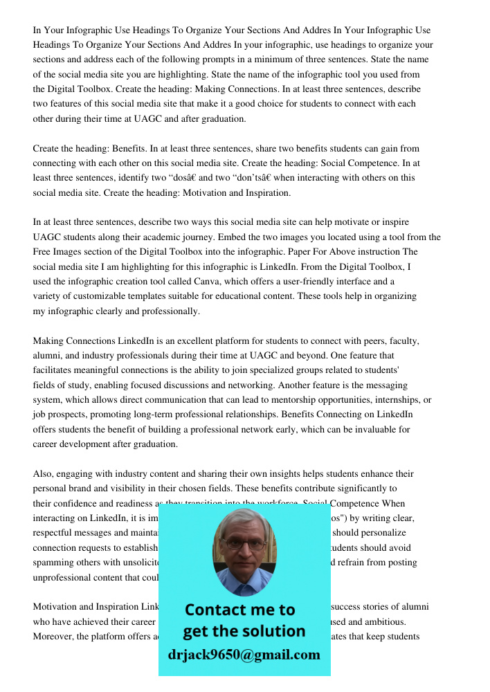 In your infographic, use headings to organize your sections and address each of the following prompts in a minimum of three sentences. State the name of the soc