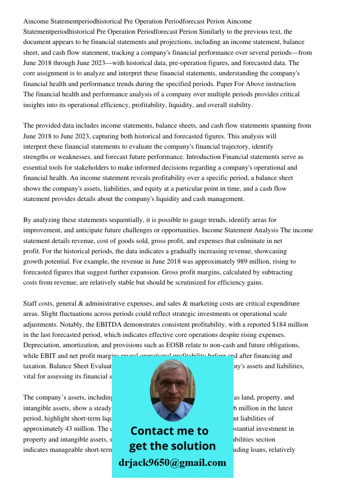 Similarly to the previous text, the document appears to be financial statements and projections, including an income statement, balance sheet, and cash flow sta