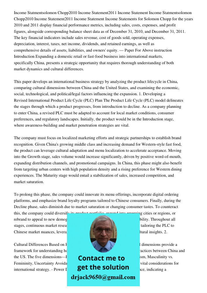 Income Statements for Solomon Chopp for the years 2010 and 2011 display financial performance metrics, including sales, costs, expenses, and profit figures, alo