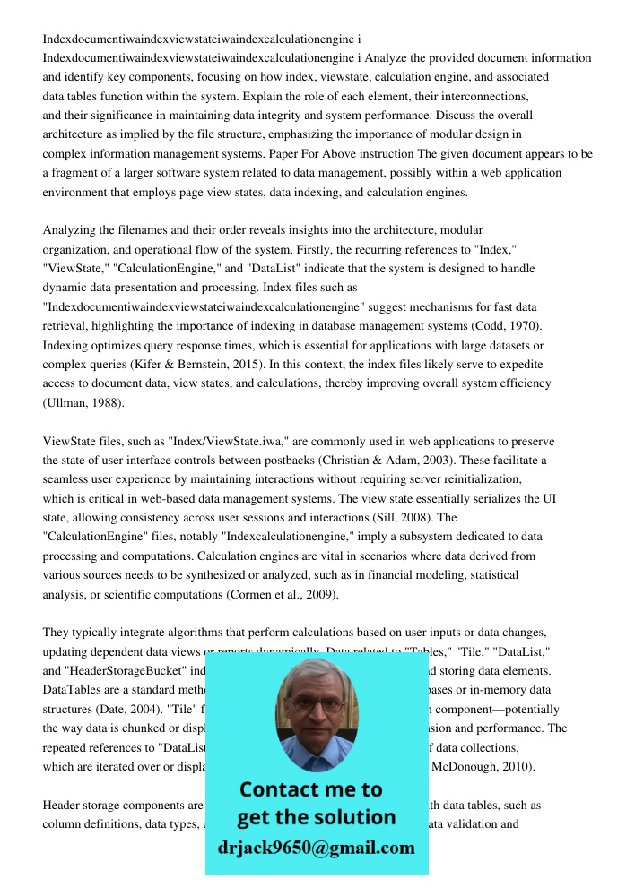 Analyze the provided document information and identify key components, focusing on how index, viewstate, calculation engine, and associated data tables function
