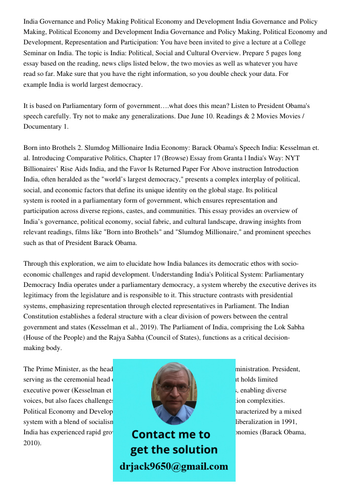 India Governance and Policy Making, Political Economy and Development, Representation and Participation: You have been invited to give a lecture at a College Se