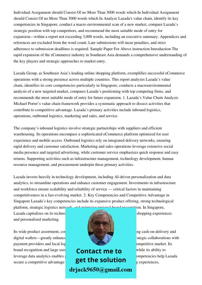 Analyze Lazada's value chain, identify its key competencies in Singapore, conduct a macro environmental scan of a new market, compare Lazada’s strategic positio