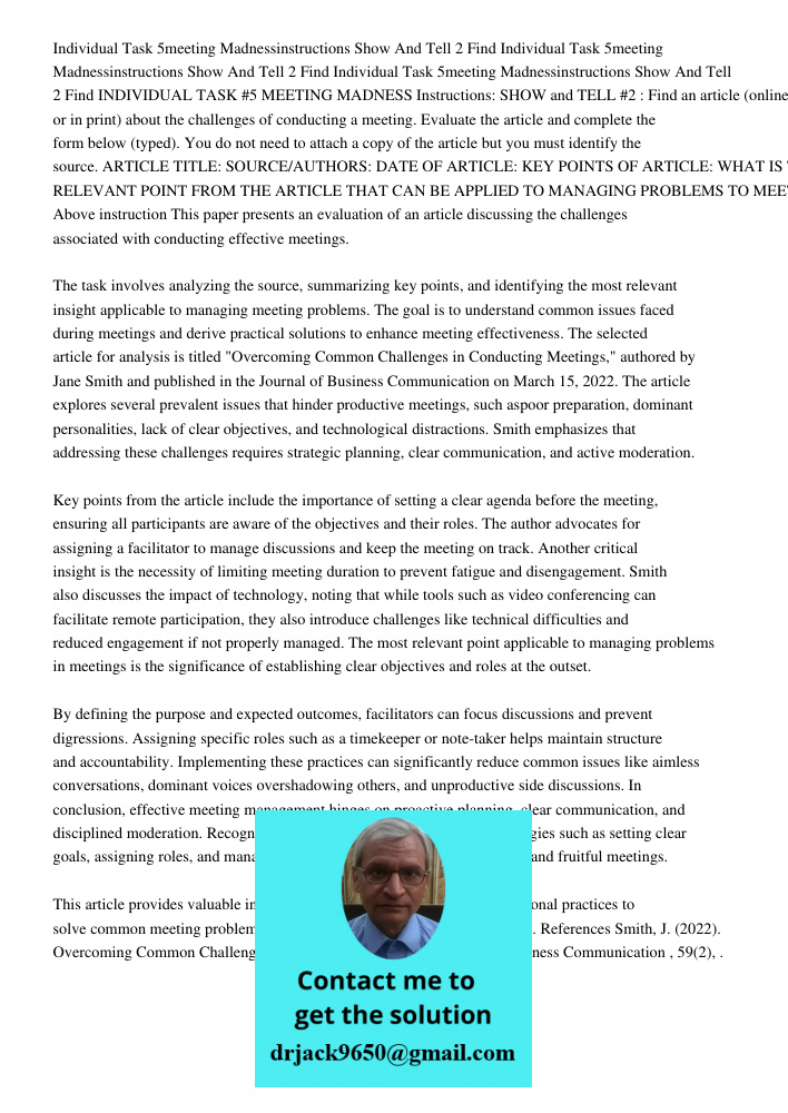 Individual Task 5meeting Madnessinstructions Show And Tell 2 Find INDIVIDUAL TASK #5 MEETING MADNESS Instructions: SHOW and TELL #2 : Find an article (online or