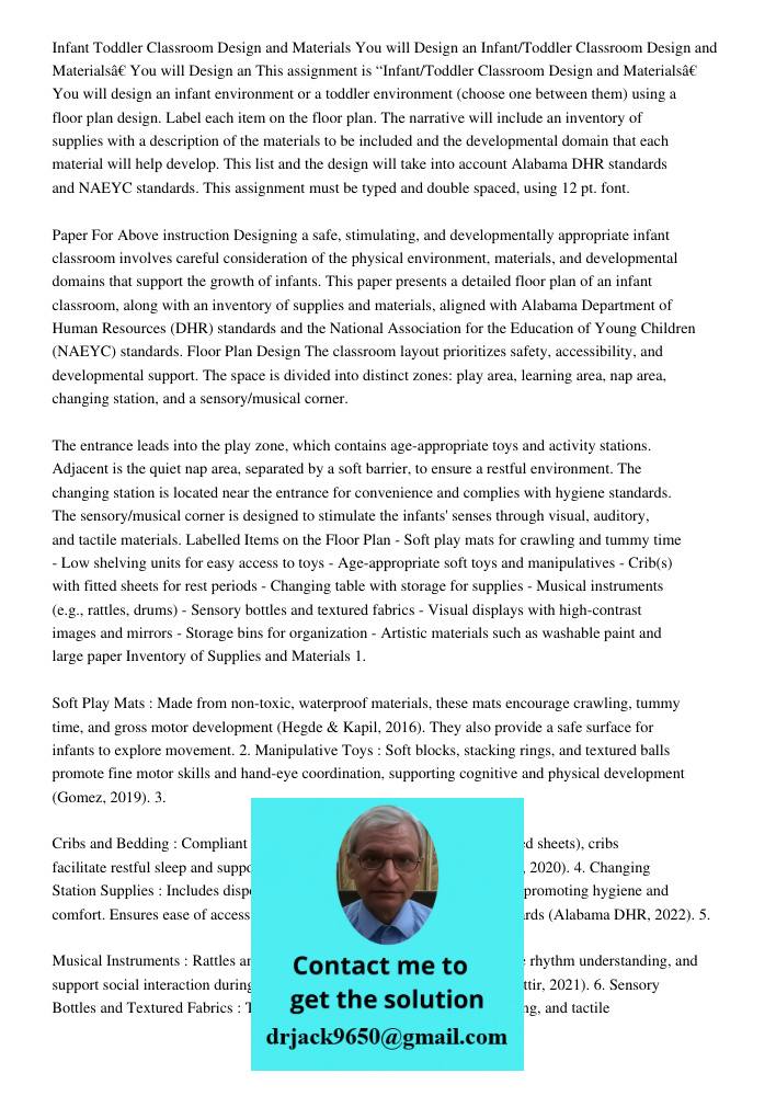 This assignment is “Infant/Toddler Classroom Design and Materials” You will design an infant environment or a toddler environment (choose one between them) usin