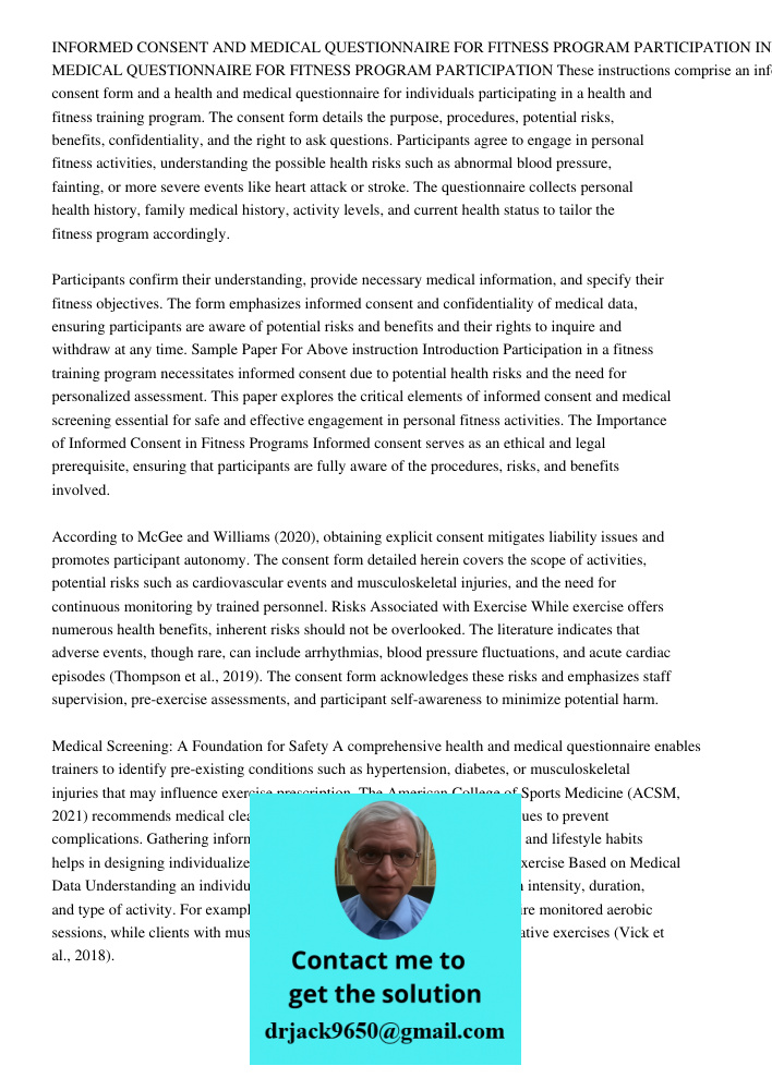 These instructions comprise an informed consent form and a health and medical questionnaire for individuals participating in a health and fitness training progr