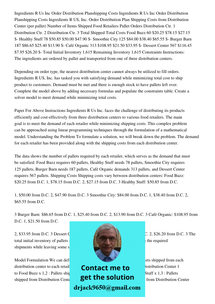 Ingredients R US, Inc. Order Distribution Plan Shipping Costs from Distribution Center (per pallet) Number of Items Shipped Food Retailers Pallet Orders Distrib