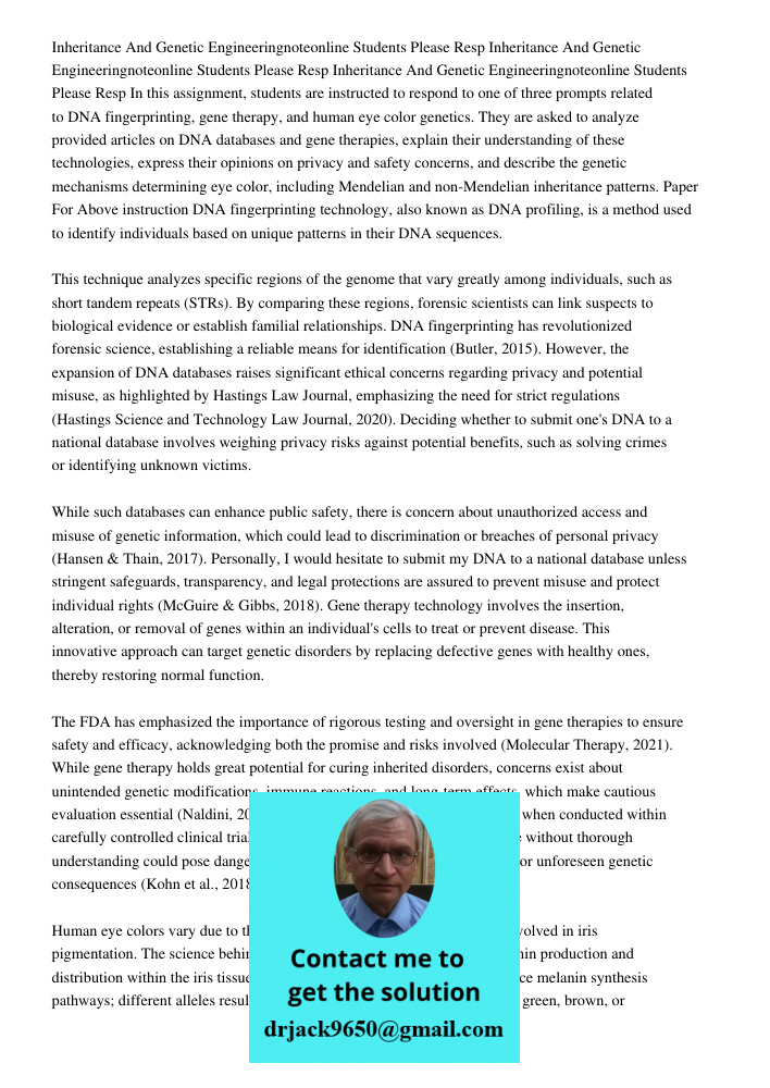 Inheritance And Genetic Engineeringnoteonline Students Please Resp In this assignment, students are instructed to respond to one of three prompts related to DNA