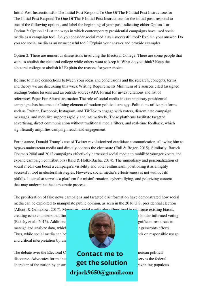 Initial Post Instructions for the initial post, respond to one of the following options, and label the beginning of your post indicating either Option 1 or Opti