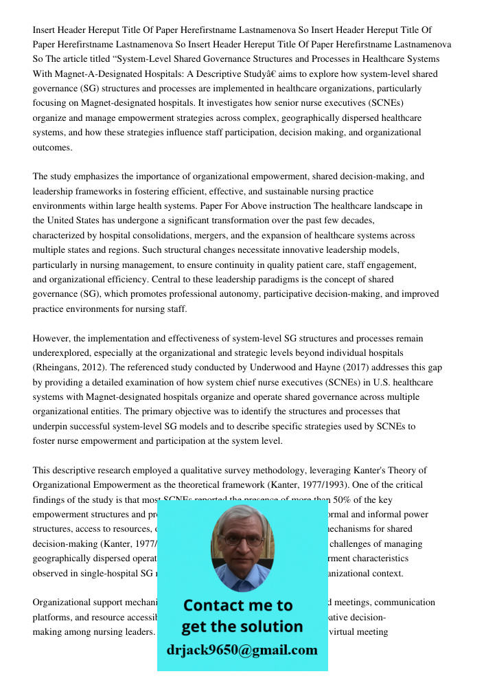 Insert Header Hereput Title Of Paper Herefirstname Lastnamenova So The article titled “System-Level Shared Governance Structures and Processes in Healthcare Sys