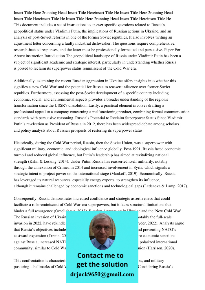 Insert Title Here 2running Head Insert Title Hereinsert Title He This document includes a set of instructions to answer specific questions related to Russia's g