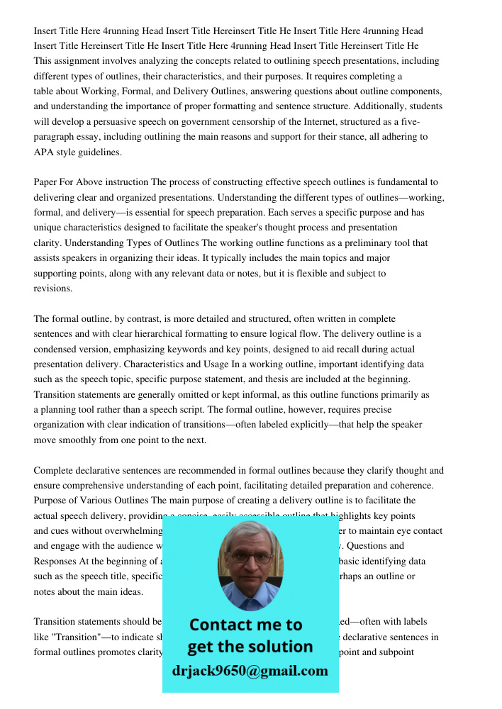 Insert Title Here 4running Head Insert Title Hereinsert Title He This assignment involves analyzing the concepts related to outlining speech presentations, incl