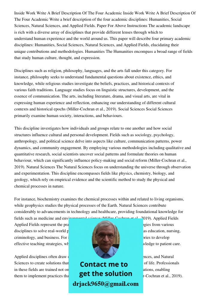 Write a brief description of the four academic disciplines: Humanities, Social Sciences, Natural Sciences, and Applied Fields. Paper For Above Instructions The 