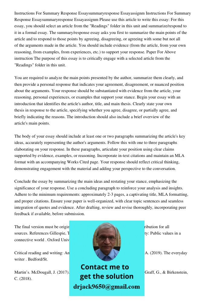 Please use this article to write this essay: For this essay, you should select an article from the "Readings" folder in this unit and summarize/respond to it in