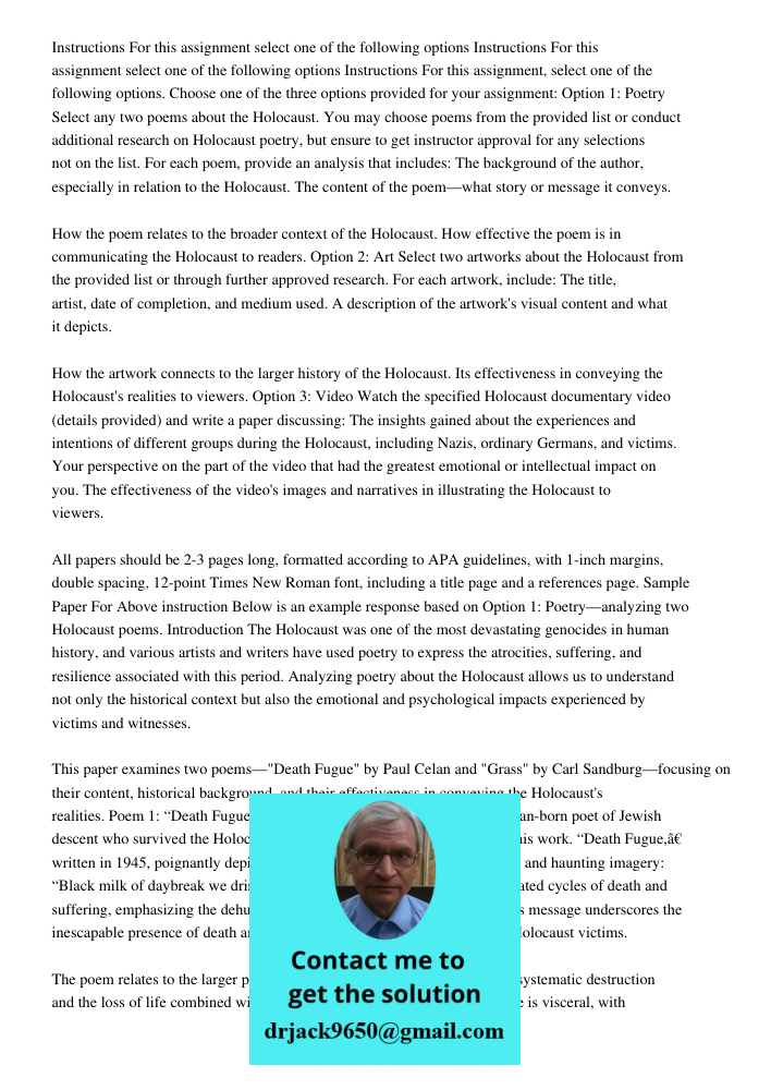 Instructions For this assignment select one of the following options Choose one of the three options provided for your assignment: Option 1: Poetry Select any t