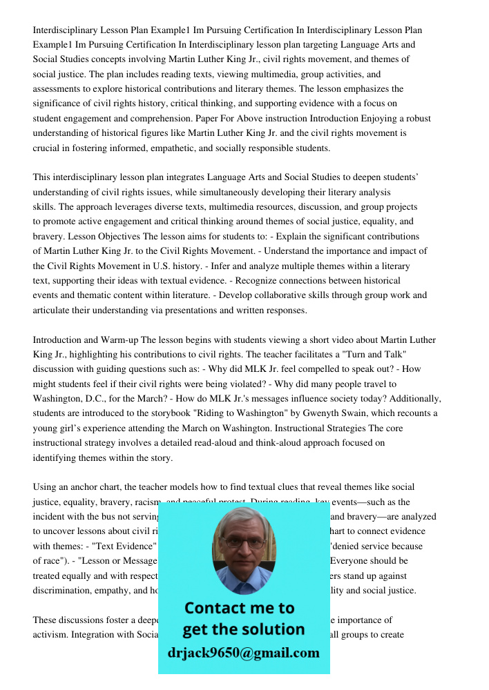 Interdisciplinary lesson plan targeting Language Arts and Social Studies concepts involving Martin Luther King Jr., civil rights movement, and themes of social 