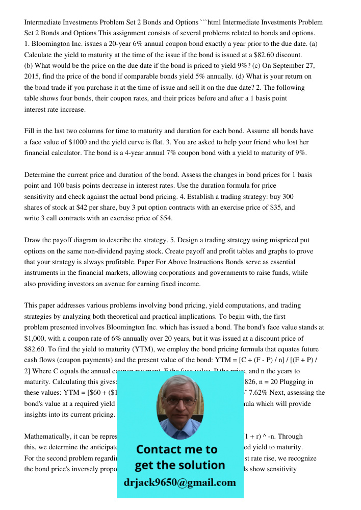 Intermediate Investments Problem Set 2: Bonds And Options