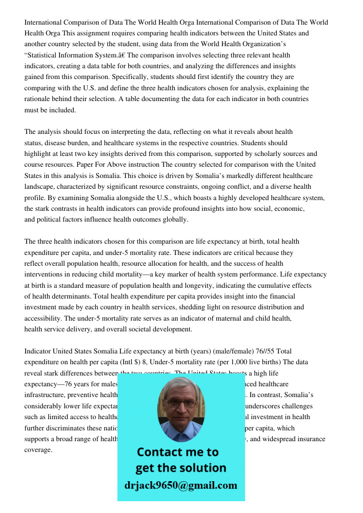 This assignment requires comparing health indicators between the United States and another country selected by the student, using data from the World Health Org