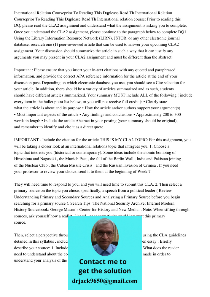 International relation course: Prior to reading this DQ, please read the CLA2 assignment and understand what the assignment is asking you to complete. Once you 