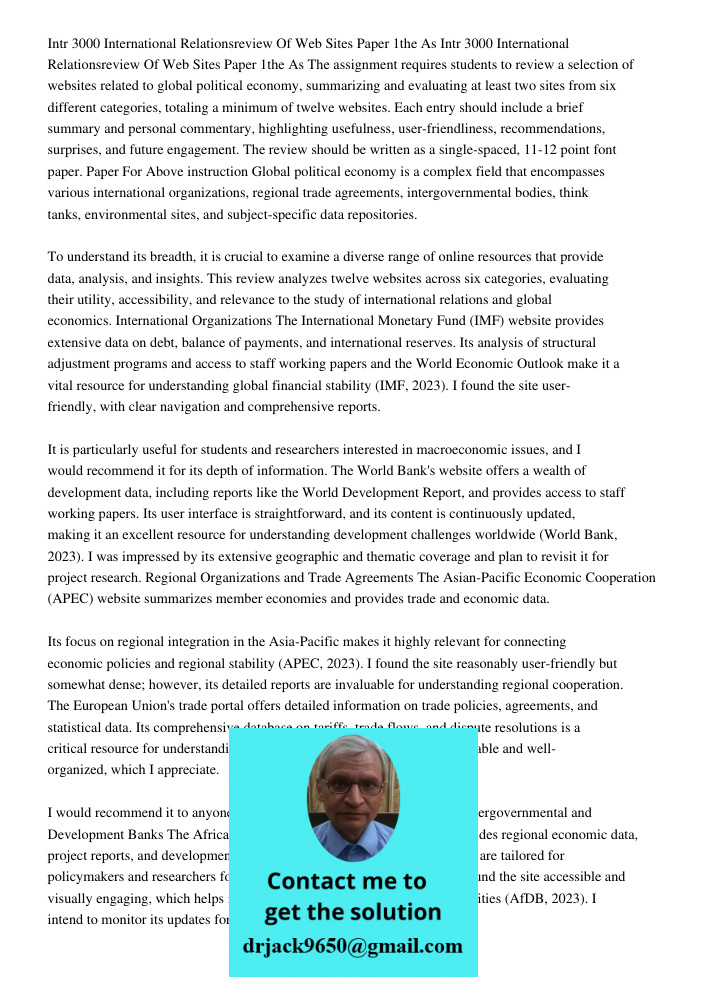 The assignment requires students to review a selection of websites related to global political economy, summarizing and evaluating at least two sites from six d